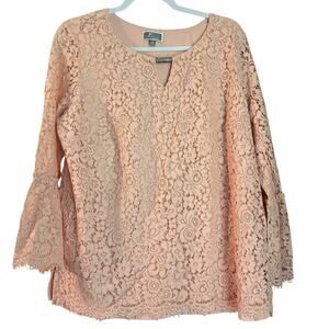 JM Collection Peachy W/ Lace Overlay Bell Sleeve Top Women’s 1X Fringed Hem Boho